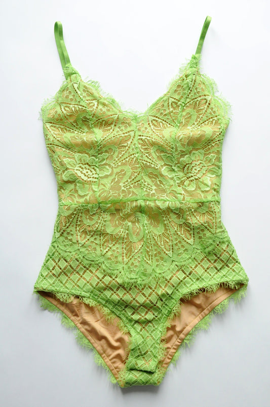 Lime green and tan lace bodysuit