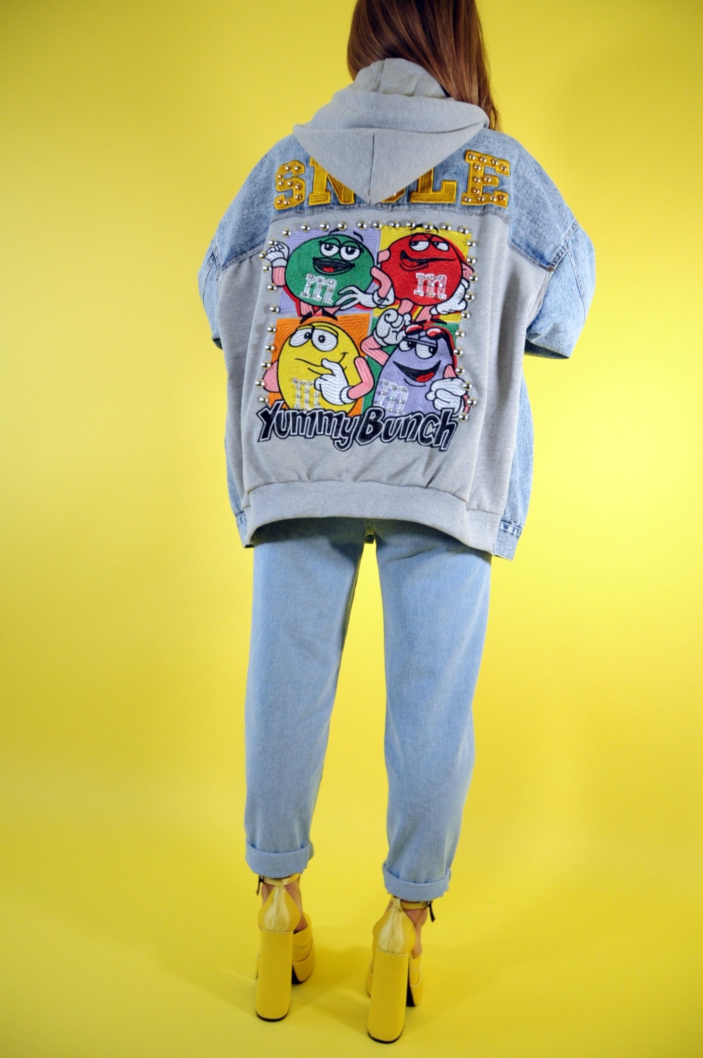 Embroidered m&m hooded denim jacket