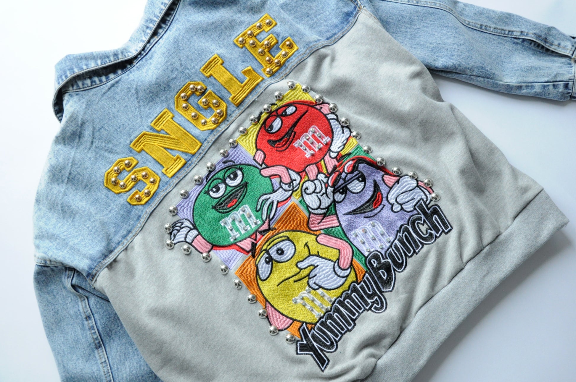 Embroidered m&m hooded denim jacket