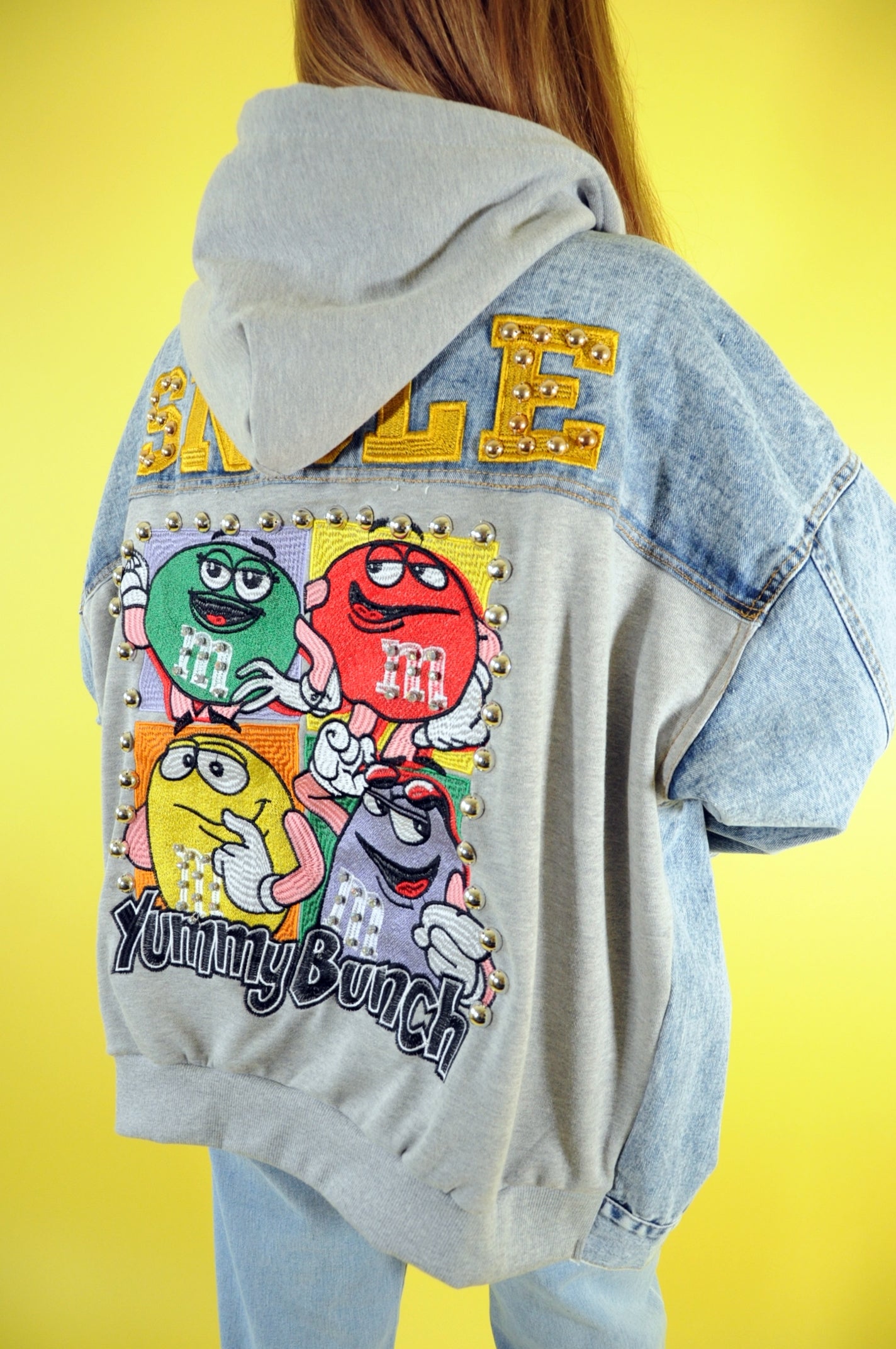 Embroidered m&m hooded denim jacket