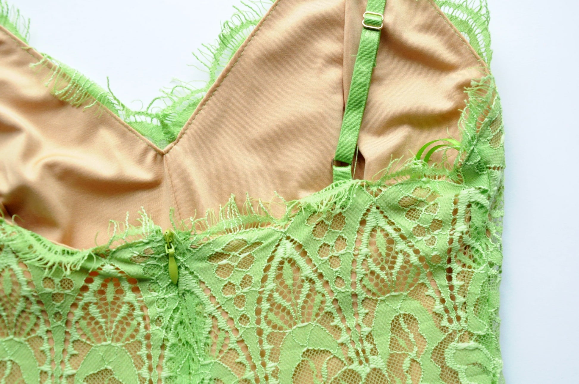 Lime green and tan lace bodysuit