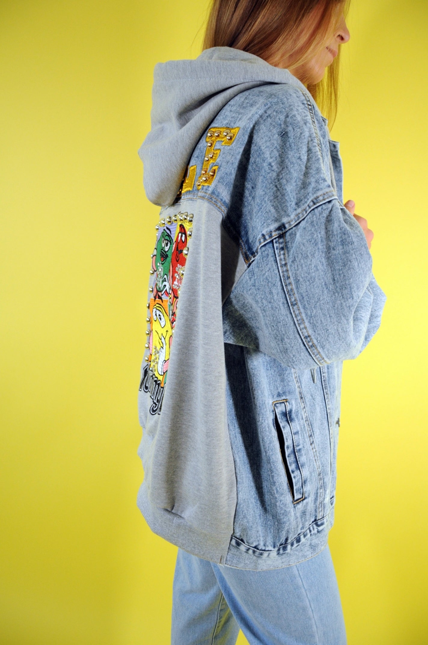 Embroidered m&m hooded denim jacket