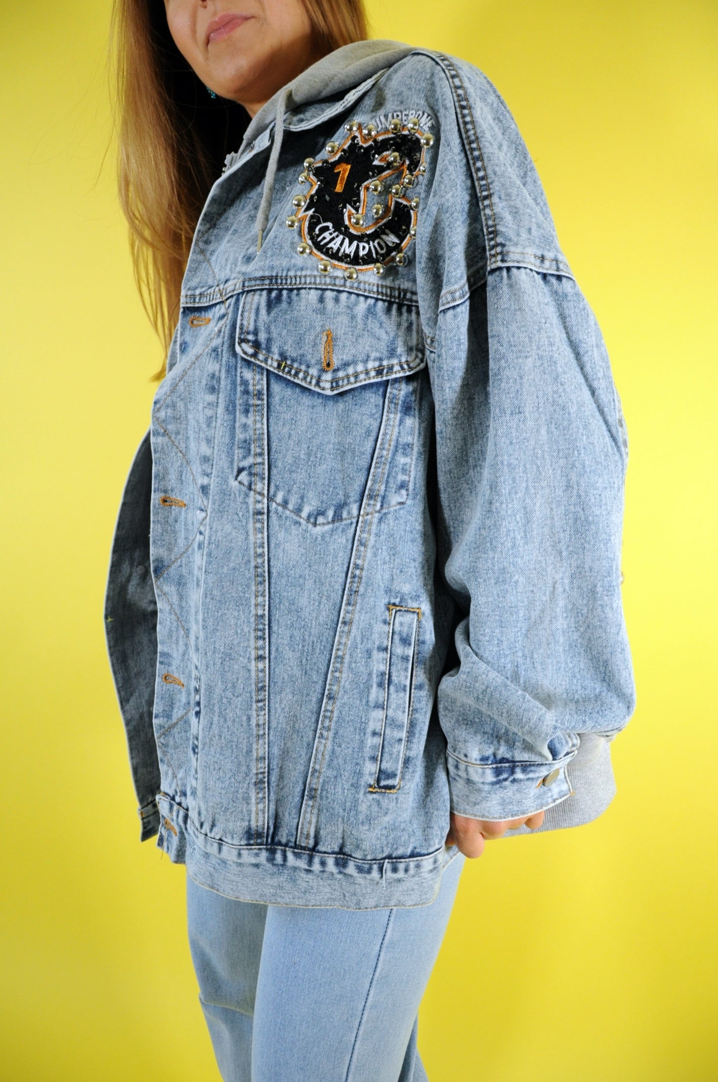 Embroidered m&m hooded denim jacket