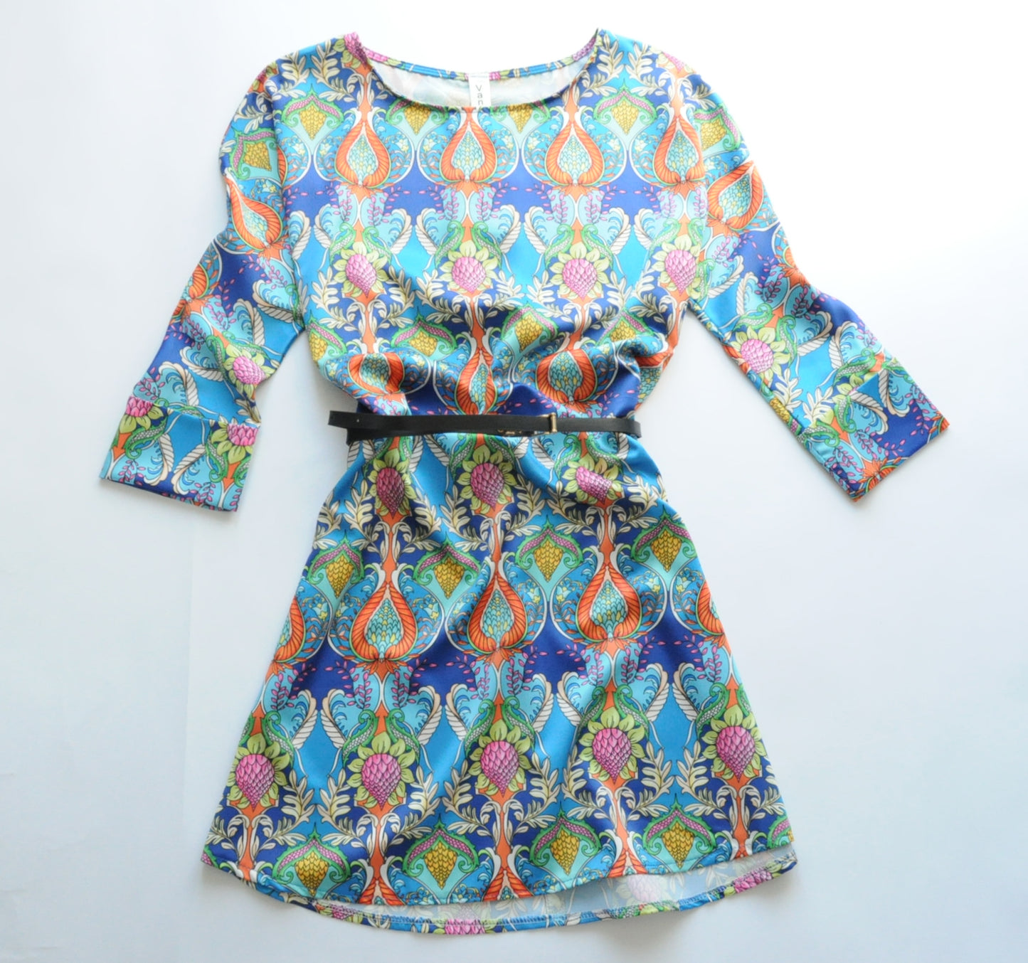 Blue flower-print silk swing dress