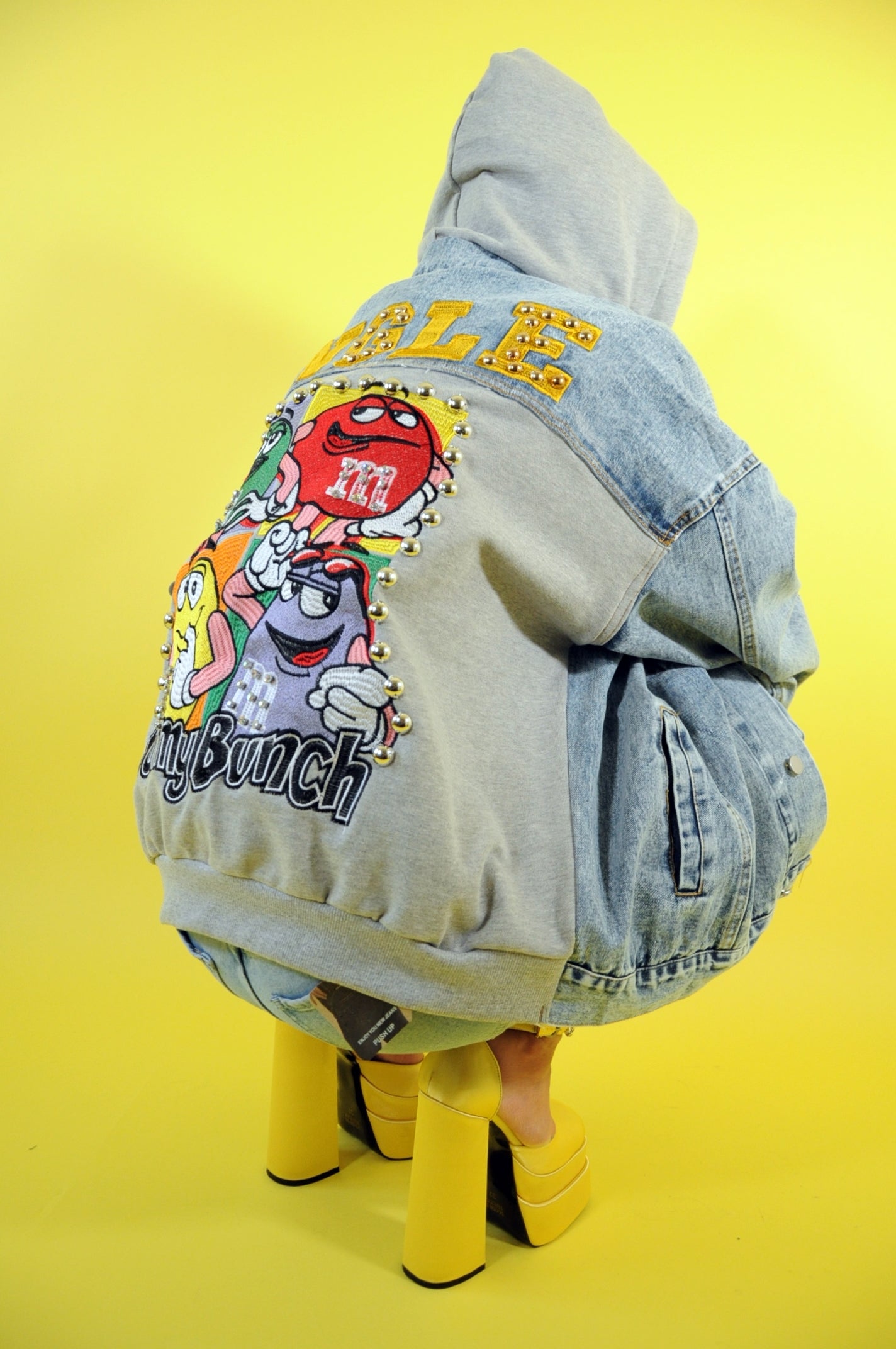 Embroidered m&m hooded denim jacket