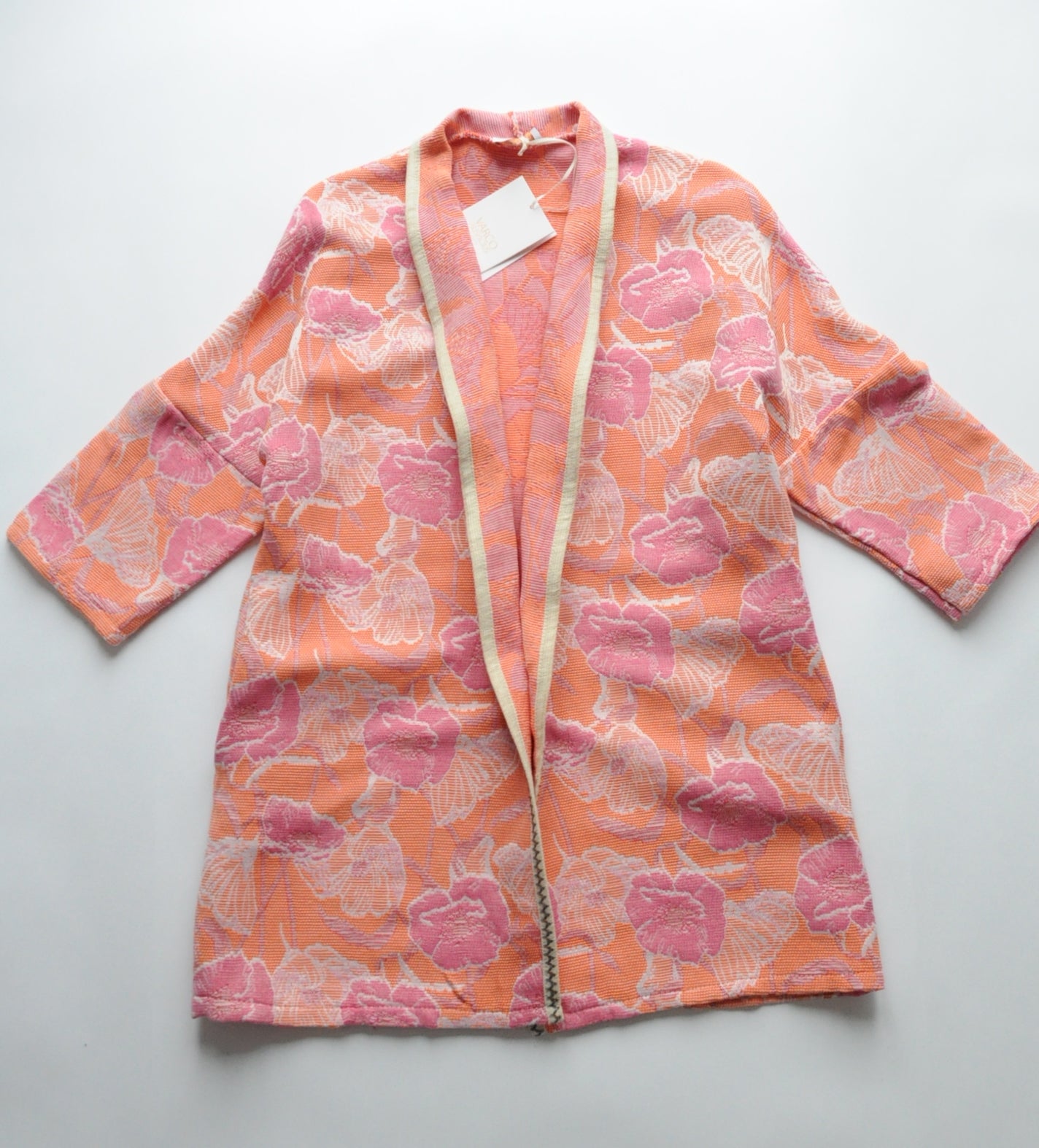 Pink and orange floral jacquard oversized coat