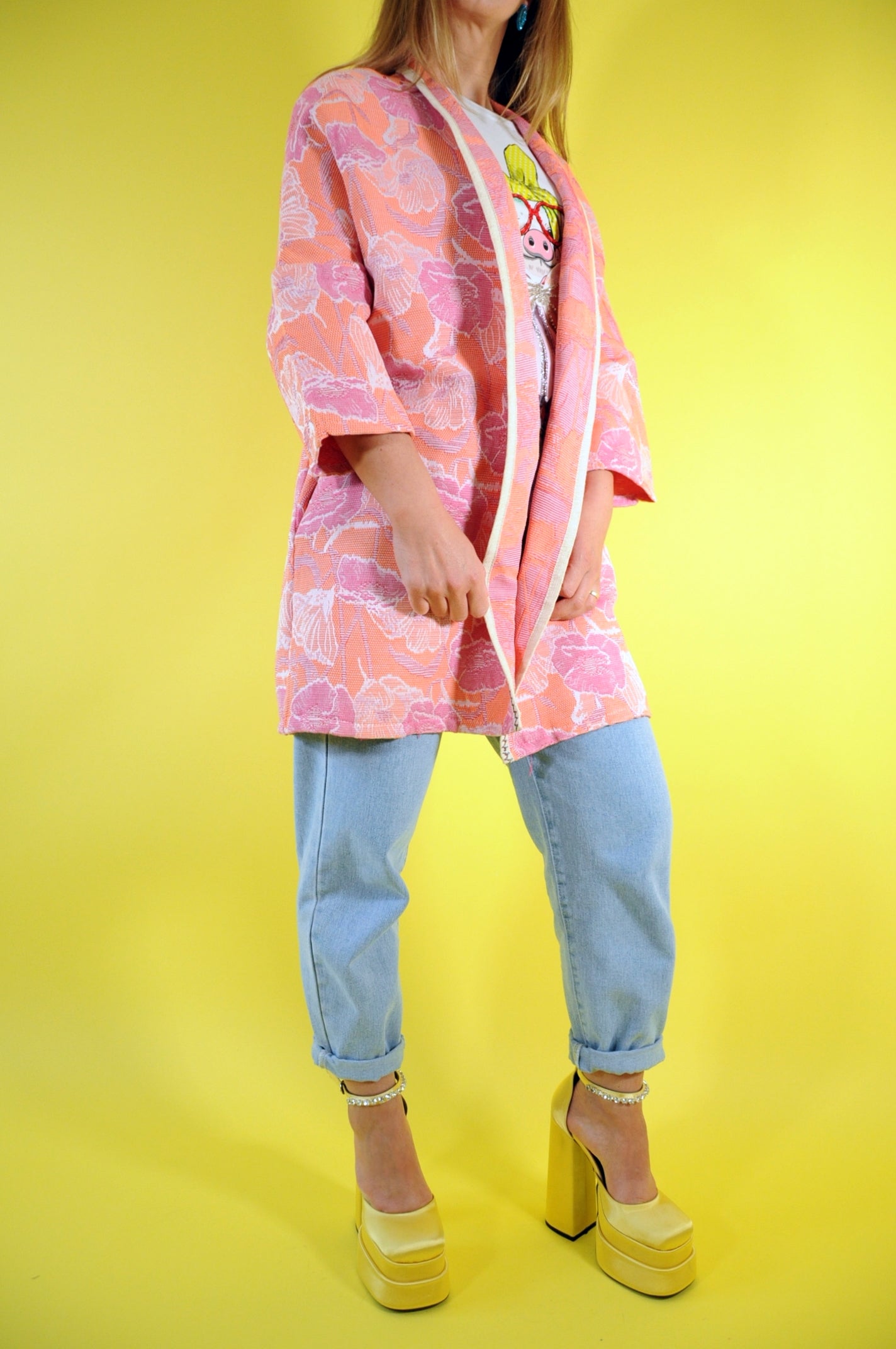 Pink and orange floral jacquard oversized coat