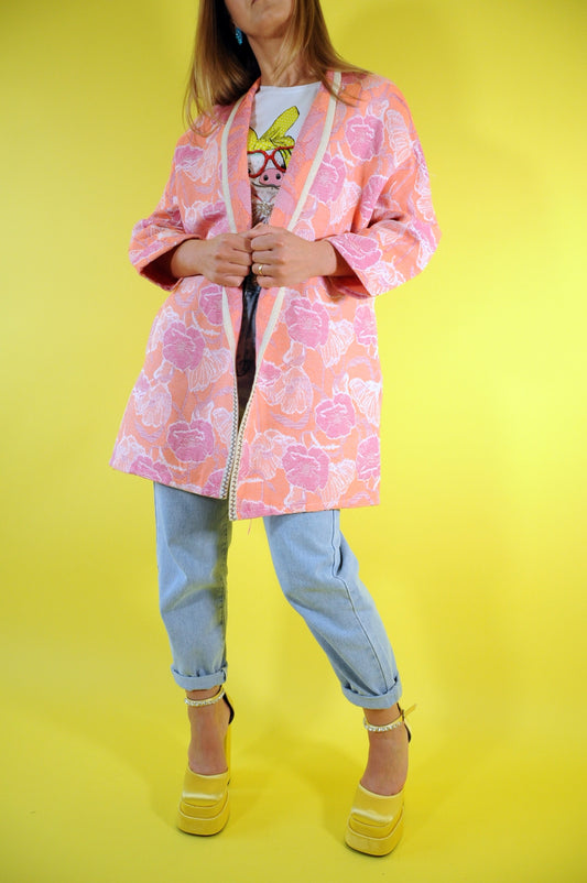 Pink and orange floral jacquard oversized coat