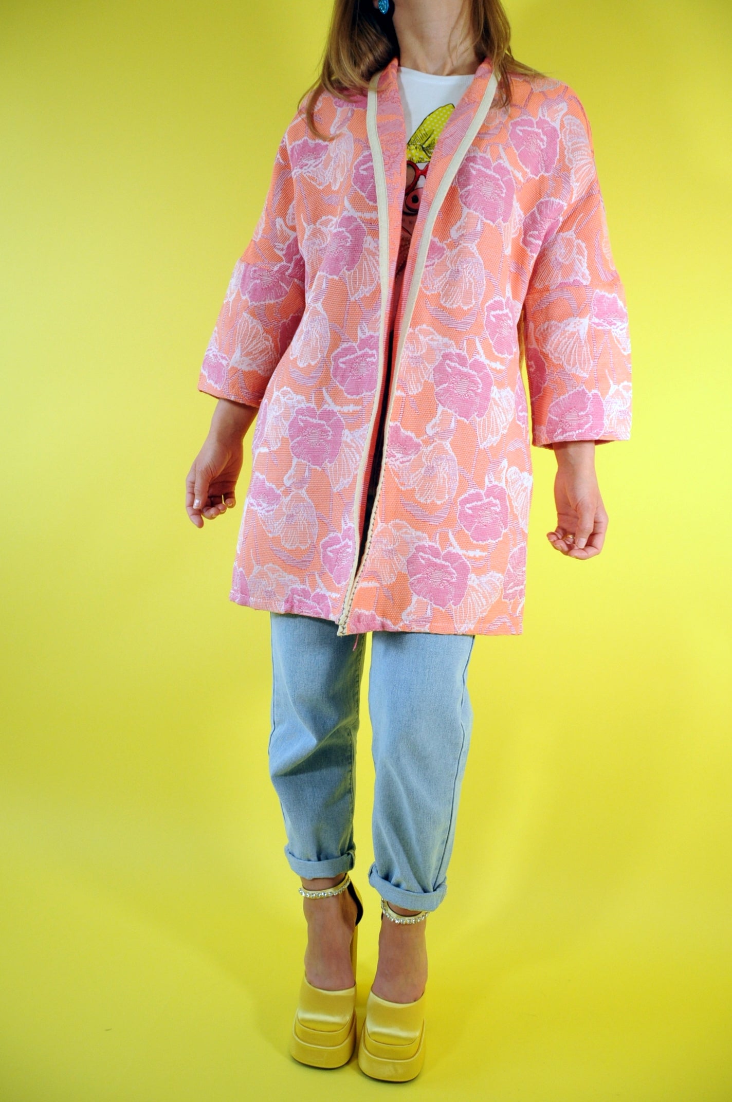 Pink and orange floral jacquard oversized coat