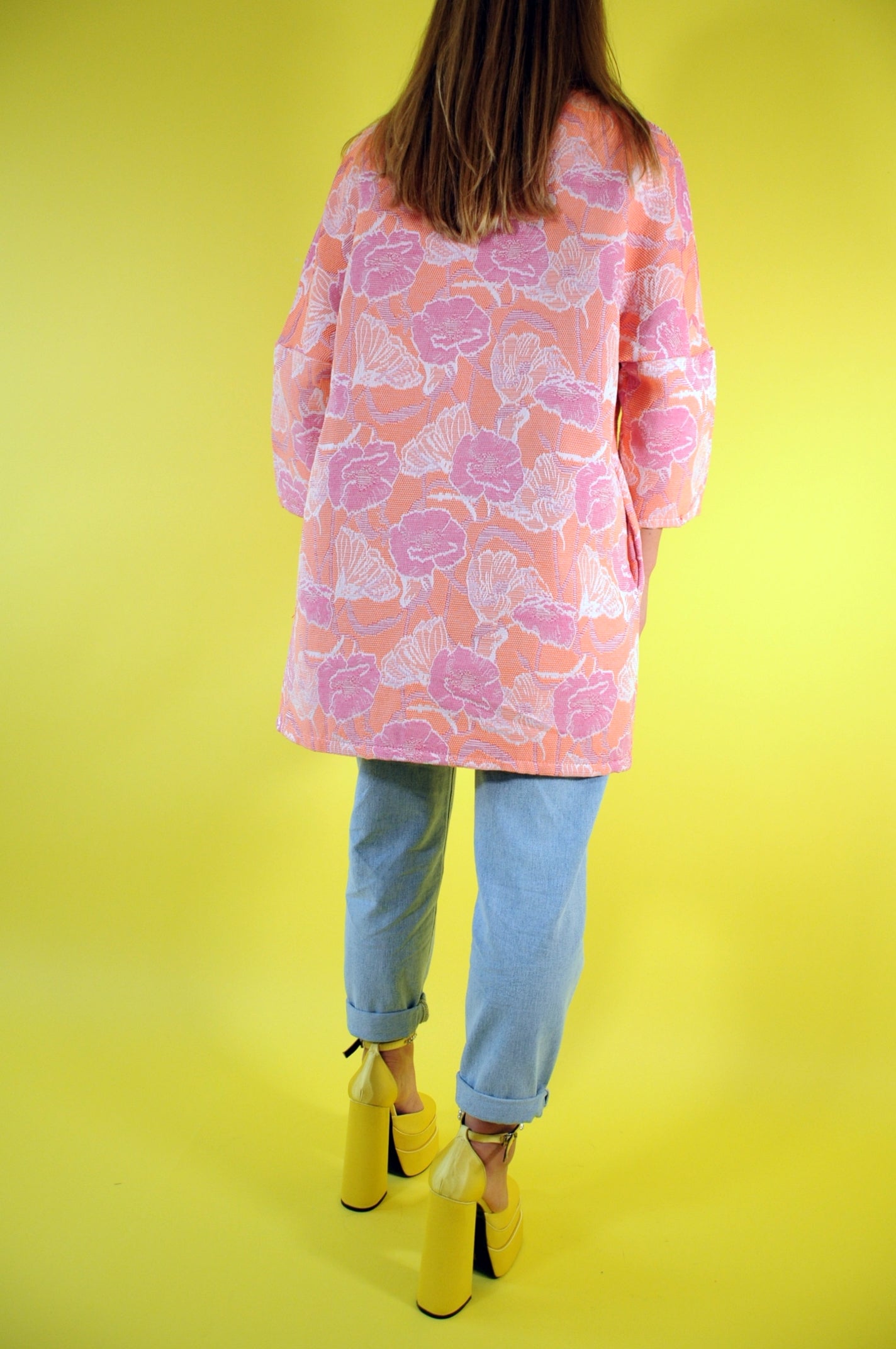 Pink and orange floral jacquard oversized coat