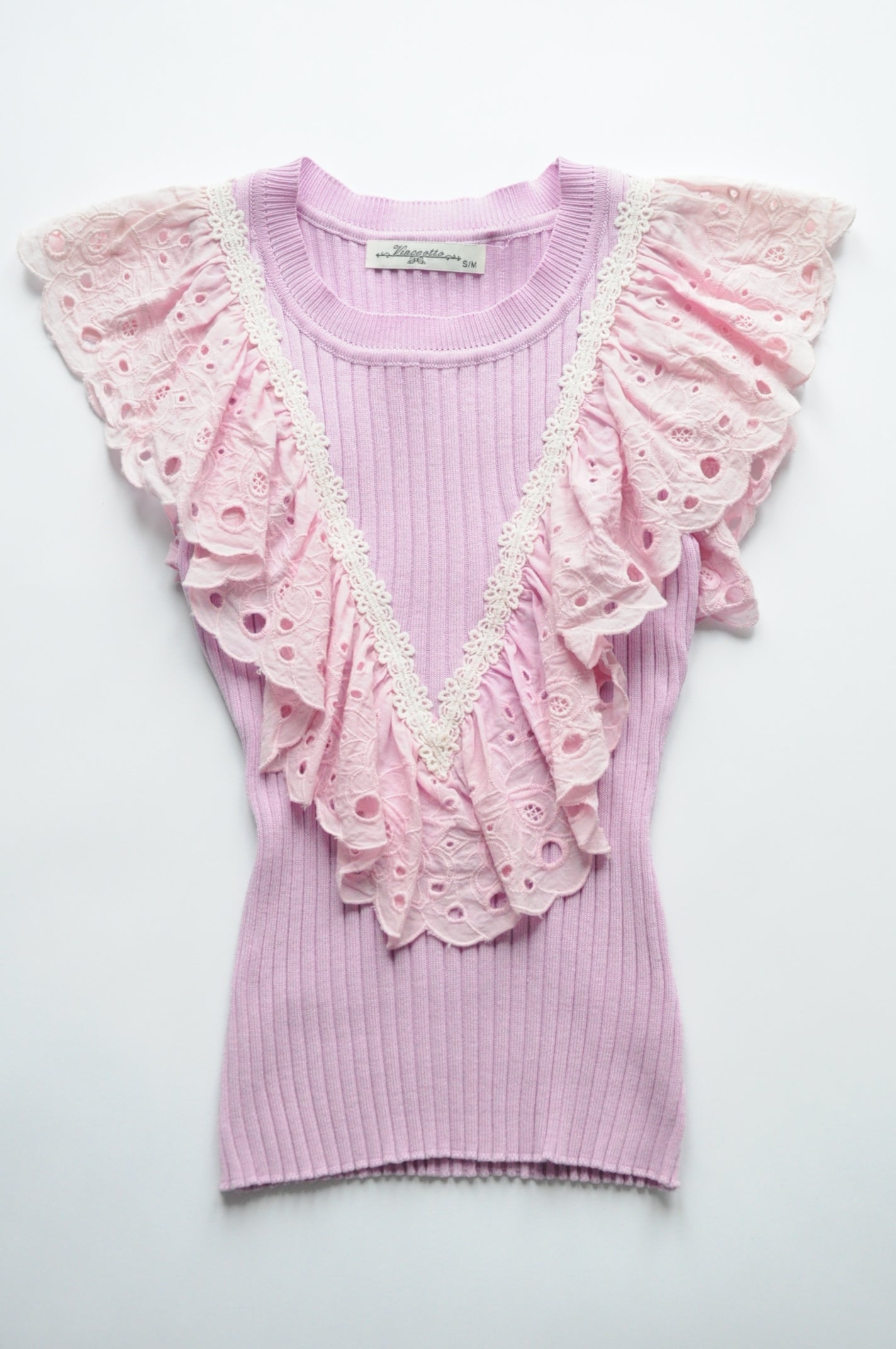 Candy pink ribbed top with front ruffle