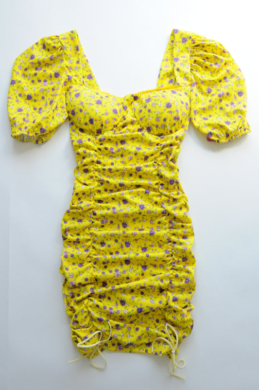 Floral drapped mini dress in yellow