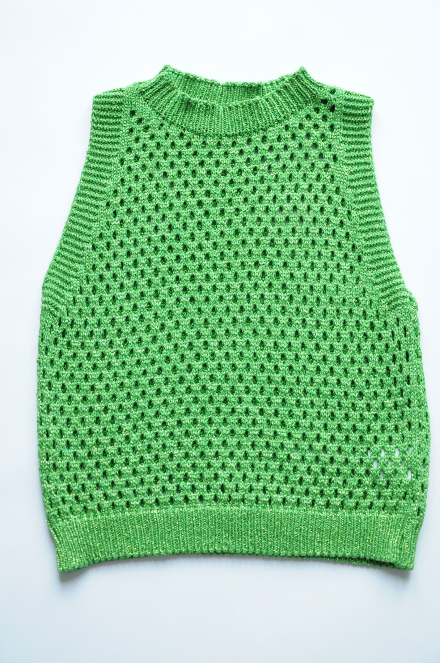 Metallic green knitted crochet vest top