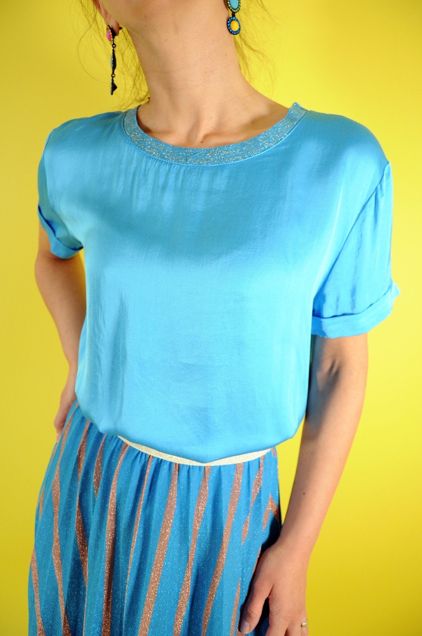 Blue oversized satin top with gold lurex